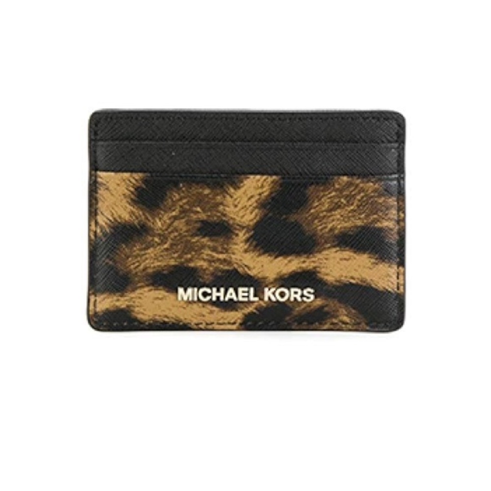 NWT MICHAEL Michael Kors Jet Set card case, saffiano leather, leopard pr…